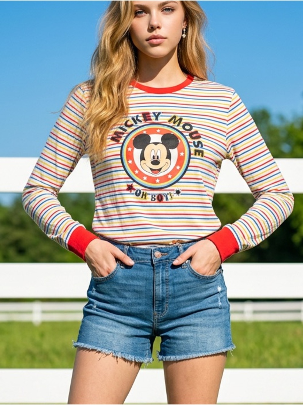 NWT DISNEY MICKEY MOUSE STRIPED RINGER TEE SHIRT SIZE LARGE